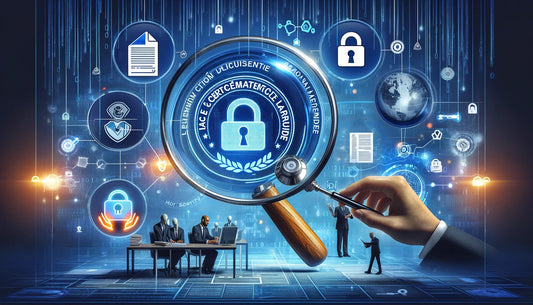 Image panoramique représentant la certification de documents et la lutte contre la fraude, avec des éléments de sécurité numérique et d'analyse forensique.