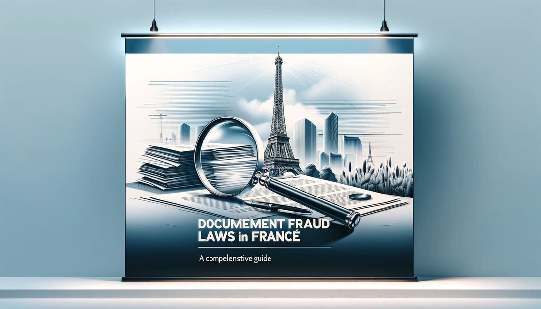 Bannière élégante représentant la lutte contre la fraude documentaire en France, avec loupe sur documents et Tour Eiffel, en bleu et blanc