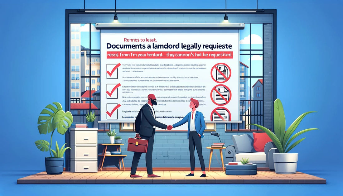 Bailleur et locataire se serrant la main devant un nouvel appartement, entourés d'une liste de documents interdits par la loi française dans le cadre d'un contrat de location