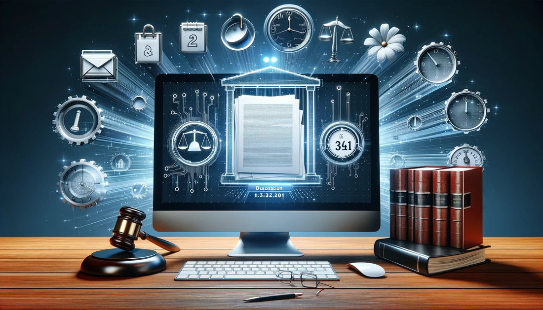 Scène illustrant la rétention légale de documents électroniques avec un ordinateur, un chronomètre numérique et des symboles juridiques.