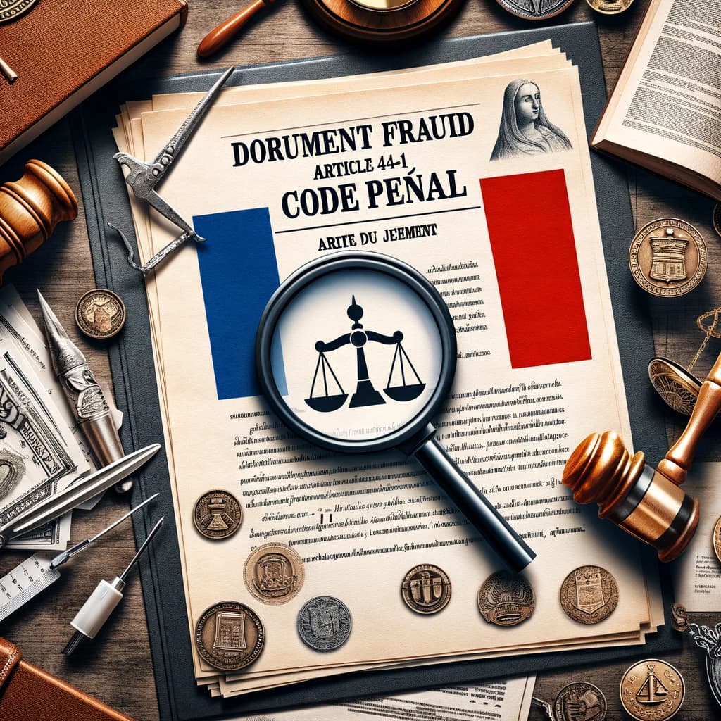 Cadre Légal contre la Fraude Documentaire en France - Symboles de Justice et Article 441-1 du Code Pénal